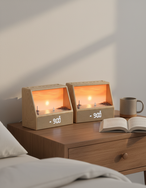 Two Morrow sunrise alarm lamps lit side by side on a bedside table at dawn, one for you and one to give