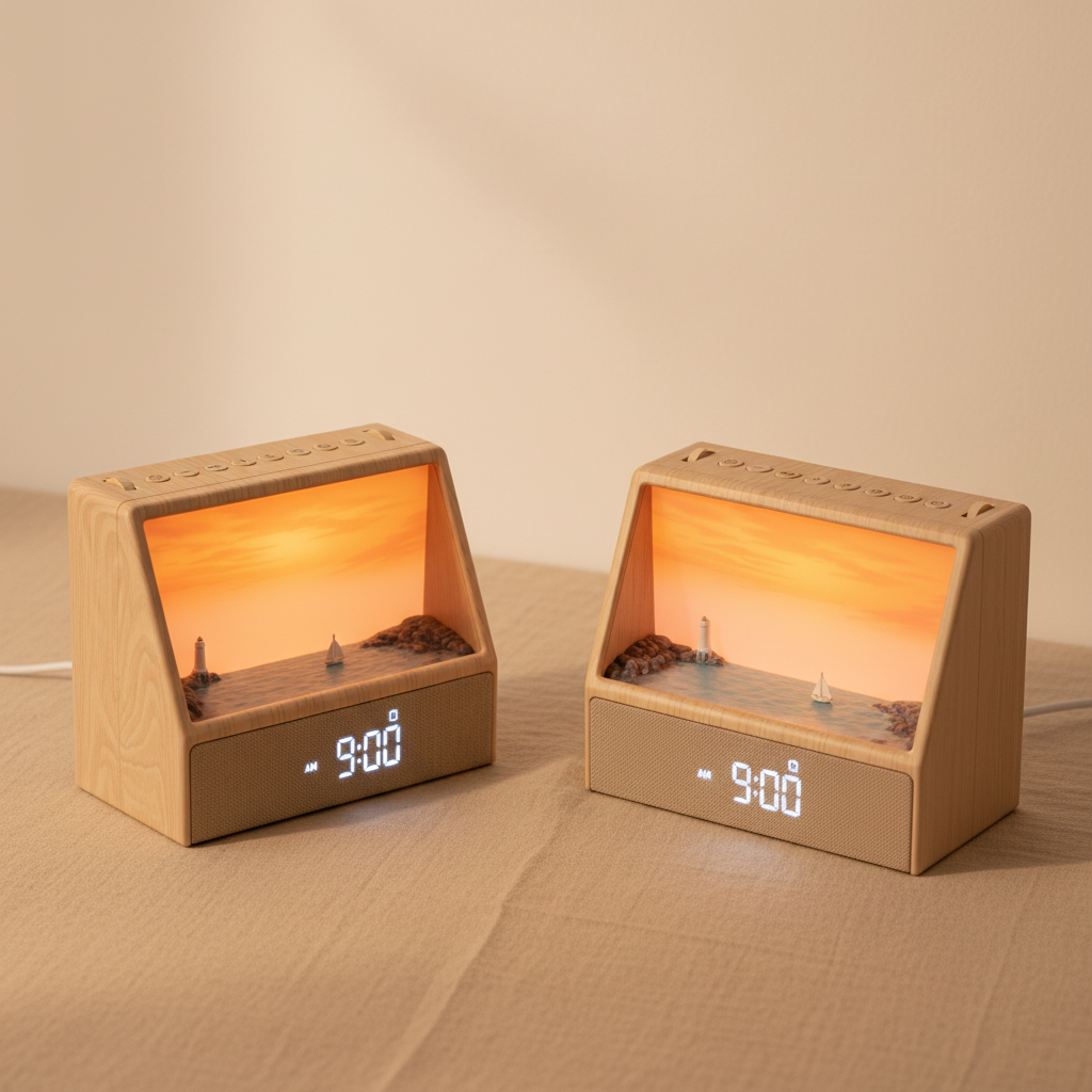 A pair of Morrow sunrise alarm lamps lit together on warm linen against a bone white wall